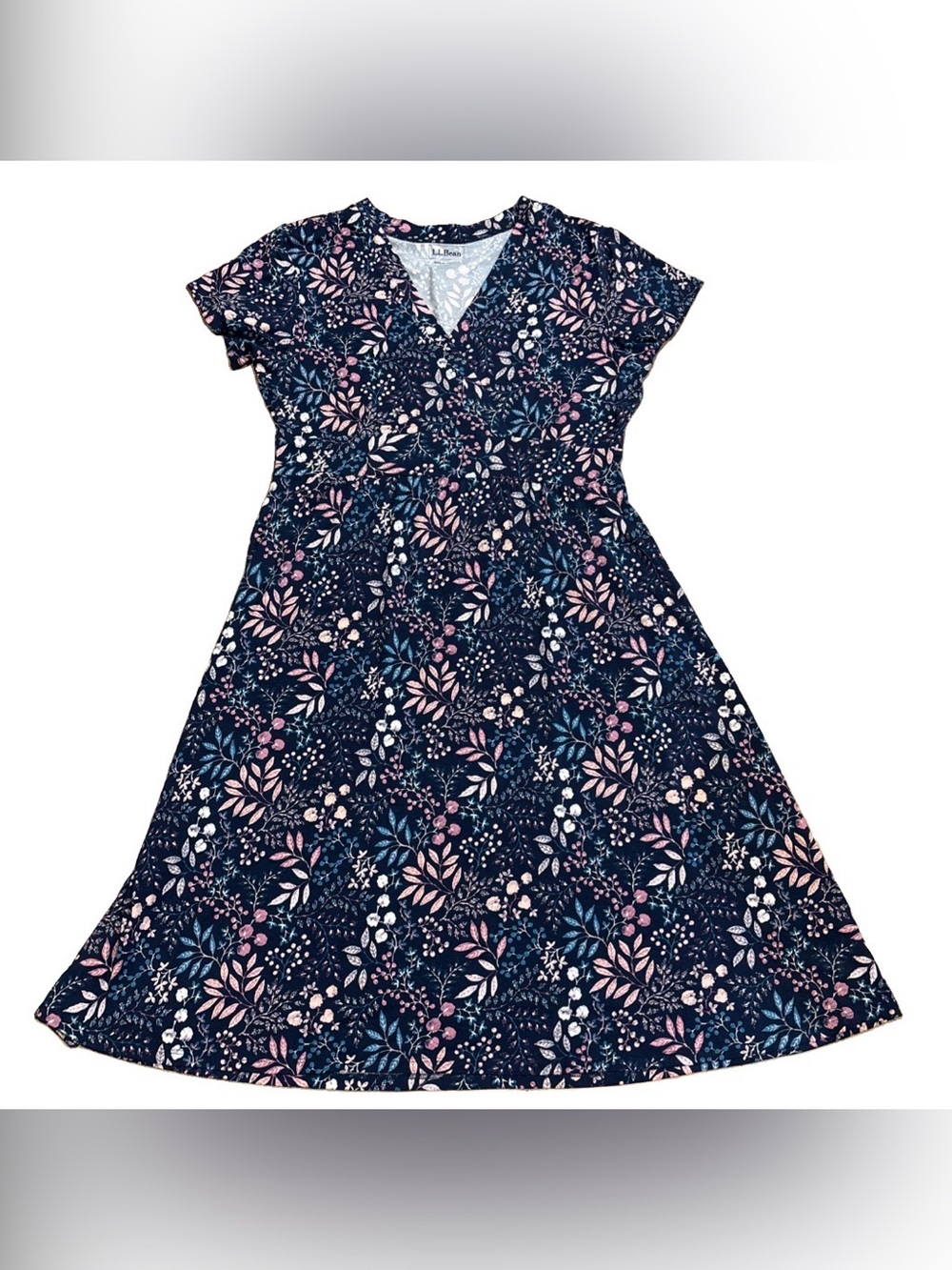LL Bean Dress Size Medium Petite Short Sleeve Stretchy Floral Print
